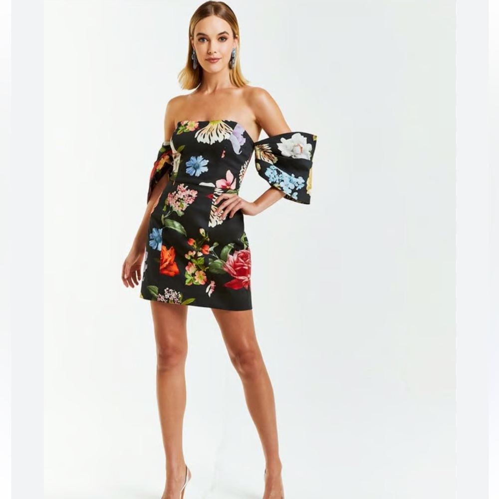 Black Floral Strapless Mini Dress with Puff Sleeves
